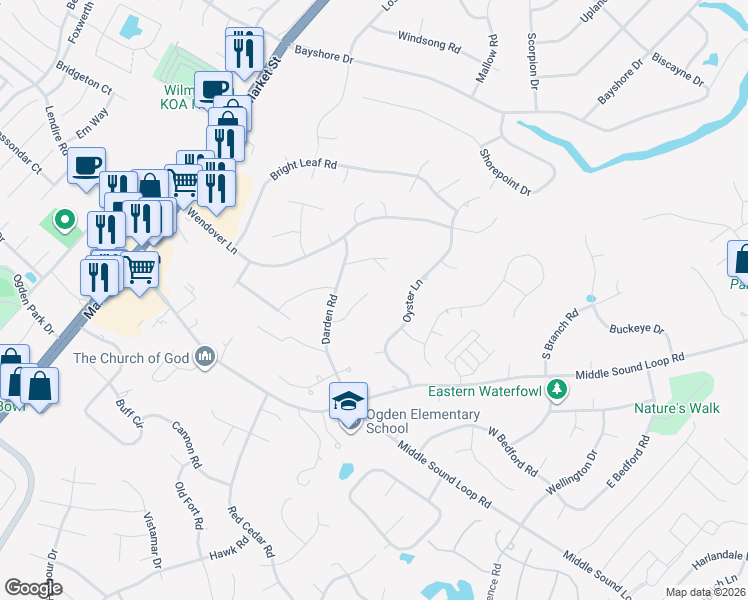 map of restaurants, bars, coffee shops, grocery stores, and more near 7205 Oyster Drive in Wilmington