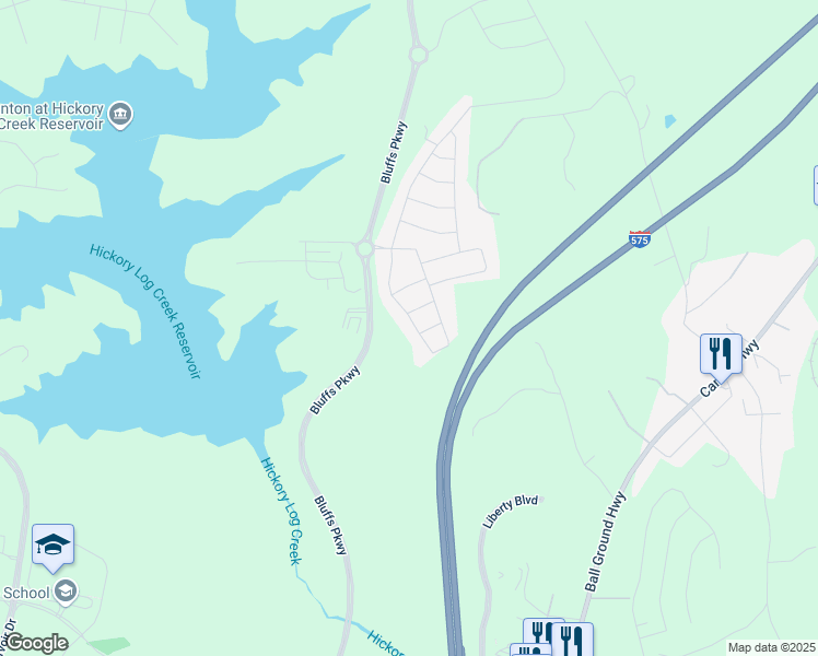 map of restaurants, bars, coffee shops, grocery stores, and more near 324 Hickory Bluffs Parkway in Canton
