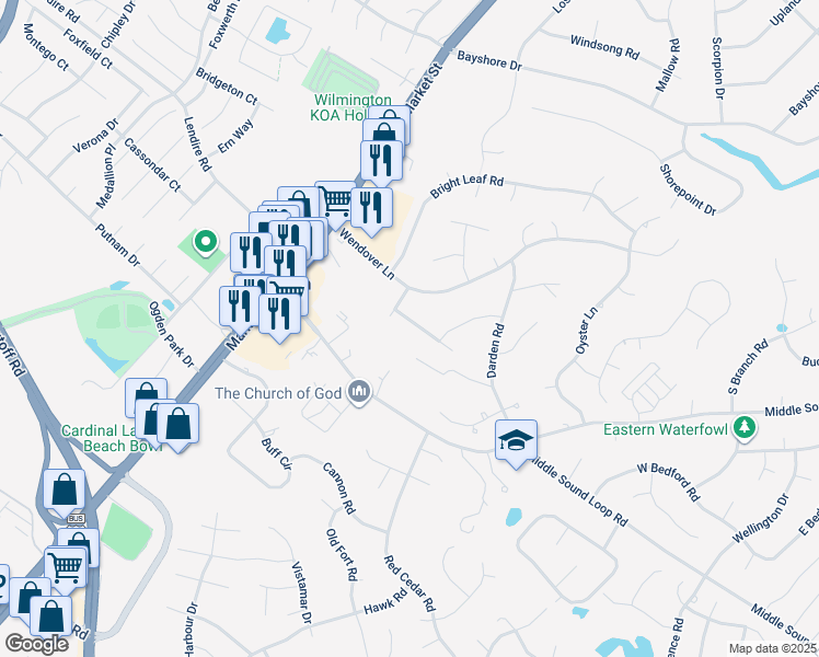 map of restaurants, bars, coffee shops, grocery stores, and more near 208 Bloomington Lane in Wilmington