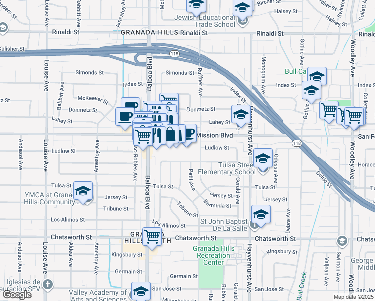 map of restaurants, bars, coffee shops, grocery stores, and more near 16830 San Fernando Mission Boulevard in Los Angeles