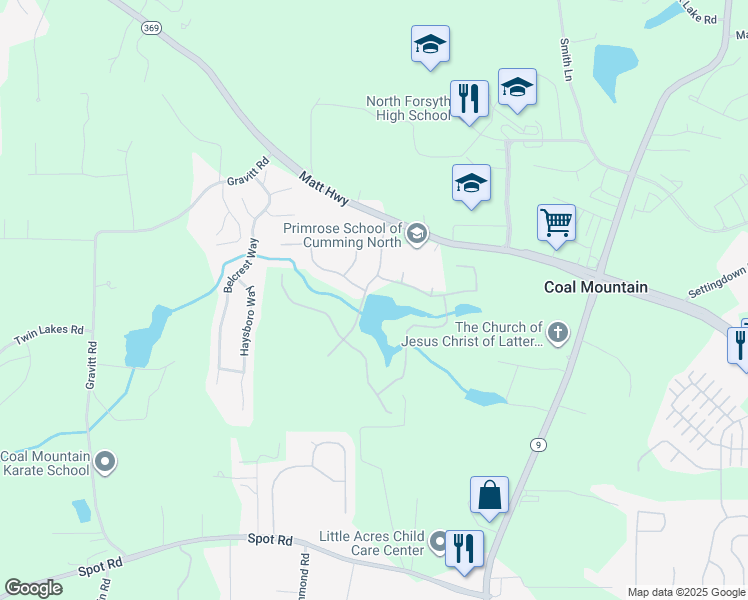 map of restaurants, bars, coffee shops, grocery stores, and more near 3575 Matt Highway in Cumming