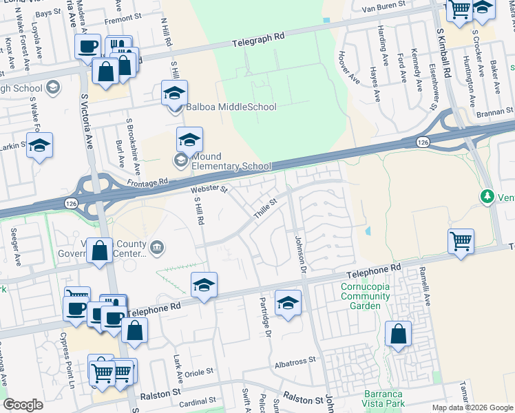map of restaurants, bars, coffee shops, grocery stores, and more near 6671 Sargent Lane in Ventura