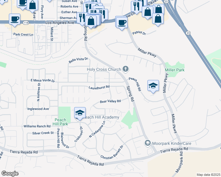 map of restaurants, bars, coffee shops, grocery stores, and more near 4384 Mill Valley Road in Moorpark