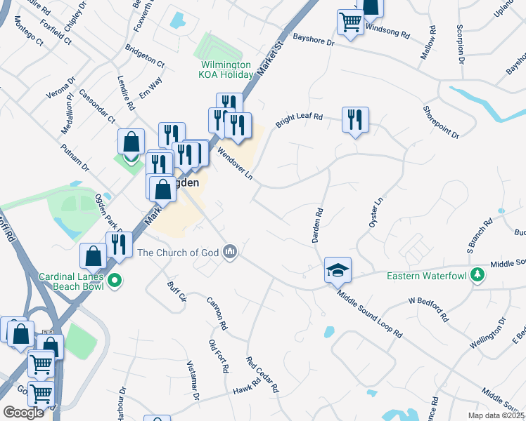 map of restaurants, bars, coffee shops, grocery stores, and more near 208 Bloomington Lane in Wilmington