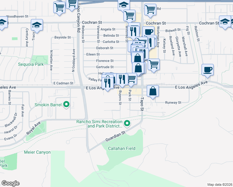 map of restaurants, bars, coffee shops, grocery stores, and more near 1851 Buyers Street in Simi Valley