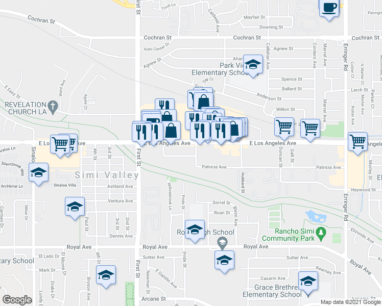 map of restaurants, bars, coffee shops, grocery stores, and more near 1919 Williams Street in Simi Valley