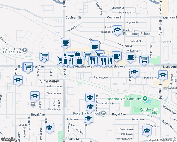 map of restaurants, bars, coffee shops, grocery stores, and more near 1919 Williams Street in Simi Valley