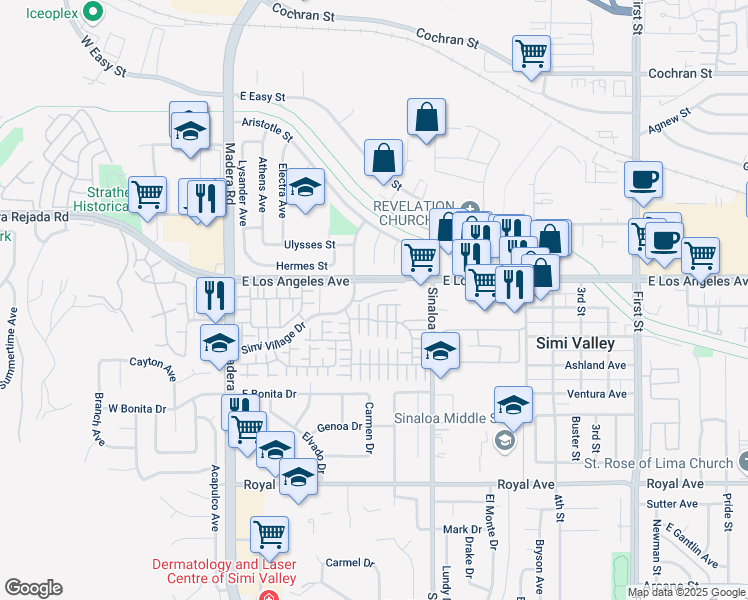 map of restaurants, bars, coffee shops, grocery stores, and more near 1938 Crowne Oak Lane in Simi Valley