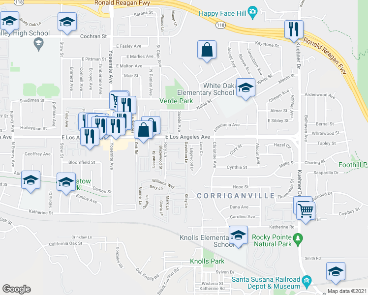 map of restaurants, bars, coffee shops, grocery stores, and more near 1962 Rory Lane in Simi Valley