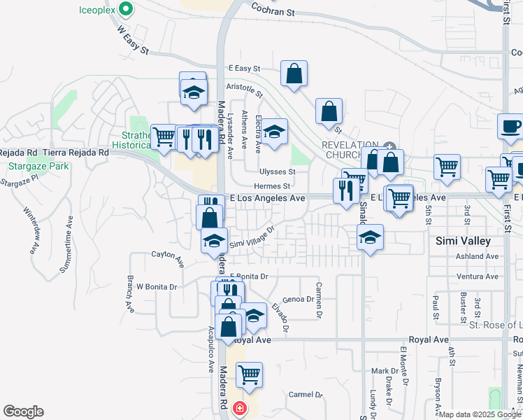 map of restaurants, bars, coffee shops, grocery stores, and more near 145 Farmhouse Drive in Simi Valley