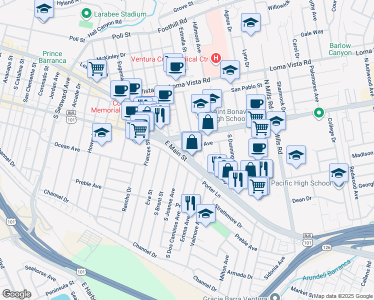 map of restaurants, bars, coffee shops, grocery stores, and more near 3059 East Main Street in Ventura