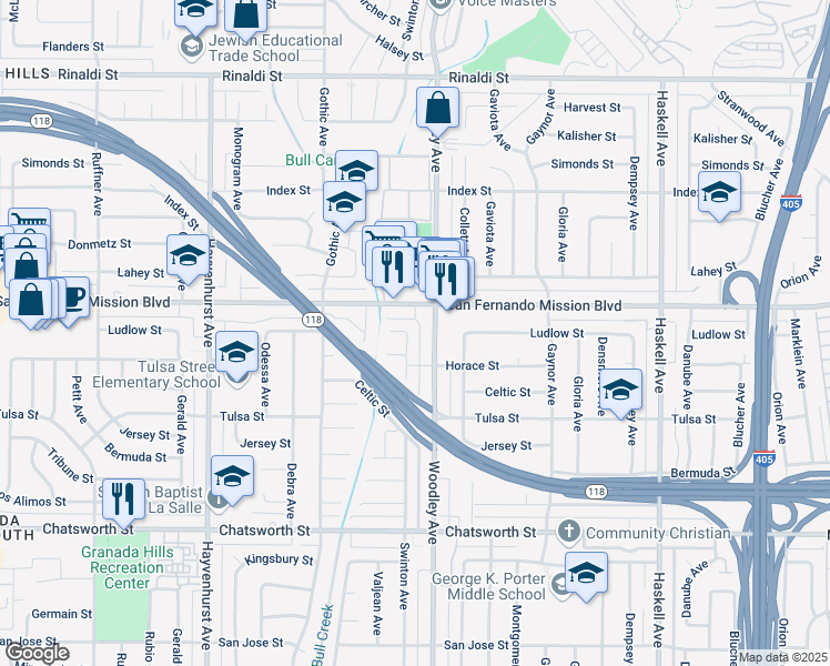map of restaurants, bars, coffee shops, grocery stores, and more near 11032 Swinton Avenue in Los Angeles