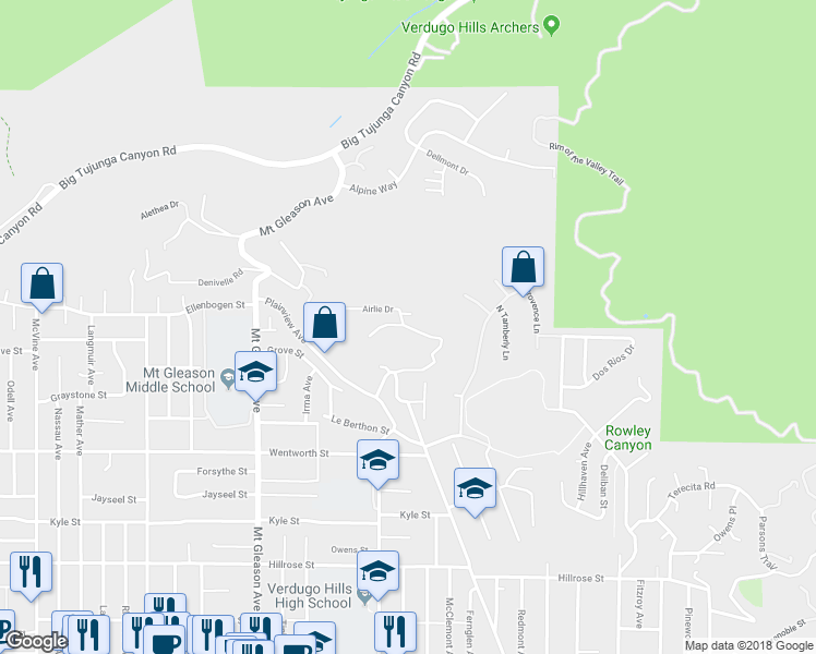 map of restaurants, bars, coffee shops, grocery stores, and more near 11155 Tujunga Canyon Boulevard in Los Angeles