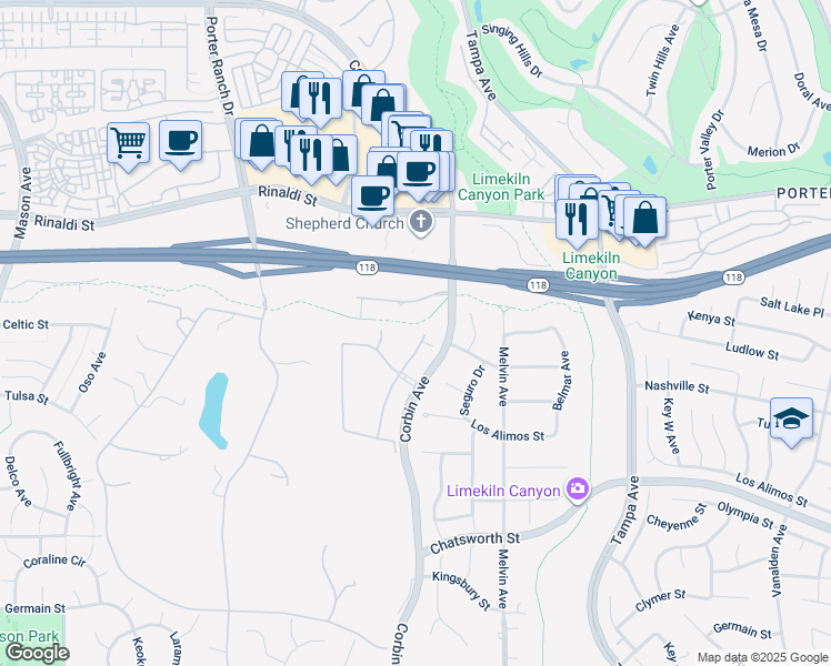 map of restaurants, bars, coffee shops, grocery stores, and more near 11051 Sweetwater Court in Los Angeles