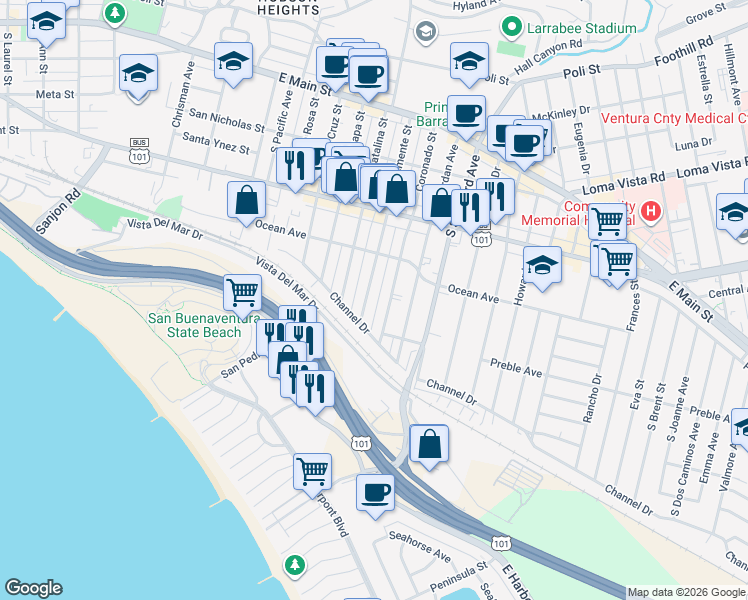 map of restaurants, bars, coffee shops, grocery stores, and more near 541 Coronado Street in Ventura