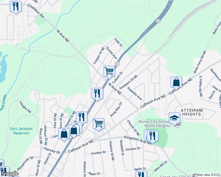 map of restaurants, bars, coffee shops, grocery stores, and more near 304 North Avenue Northeast in Rome