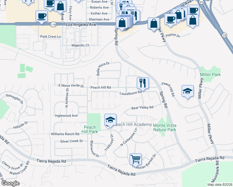 map of restaurants, bars, coffee shops, grocery stores, and more near 13480 Laurelhurst Road in Moorpark