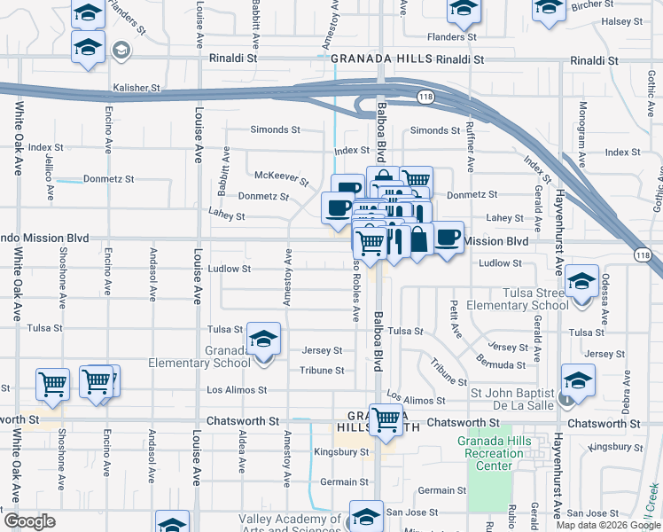 map of restaurants, bars, coffee shops, grocery stores, and more near 11030 Genesta Avenue in Granada Hills