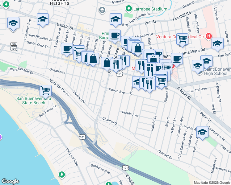 map of restaurants, bars, coffee shops, grocery stores, and more near 417 South Evergreen Drive in Ventura
