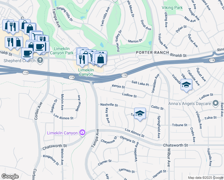 map of restaurants, bars, coffee shops, grocery stores, and more near 19259 Ludlow Street in Los Angeles