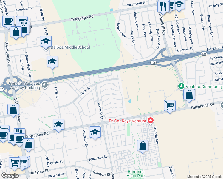 map of restaurants, bars, coffee shops, grocery stores, and more near 114 Stevens Circle in Ventura