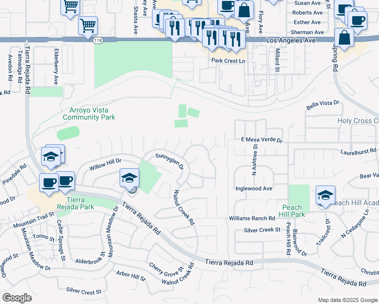 map of restaurants, bars, coffee shops, grocery stores, and more near 12646 Country Meadow Street in Moorpark