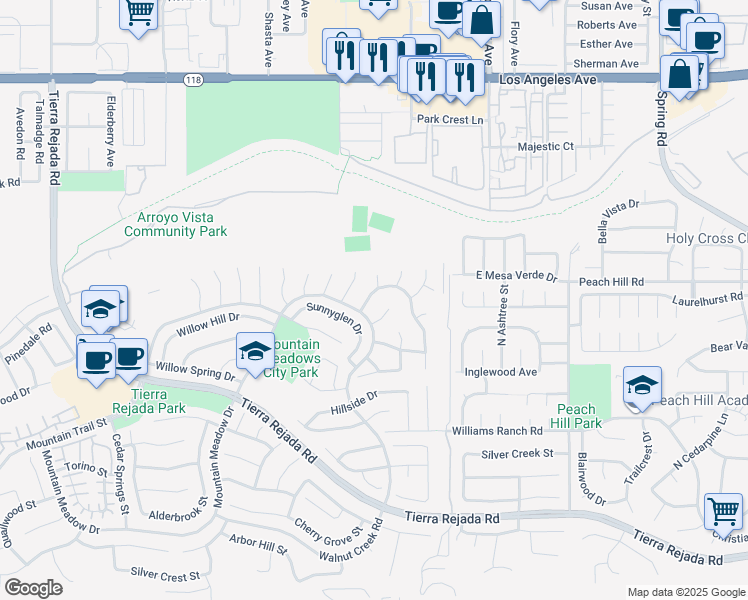 map of restaurants, bars, coffee shops, grocery stores, and more near 12646 Country Meadow Street in Moorpark