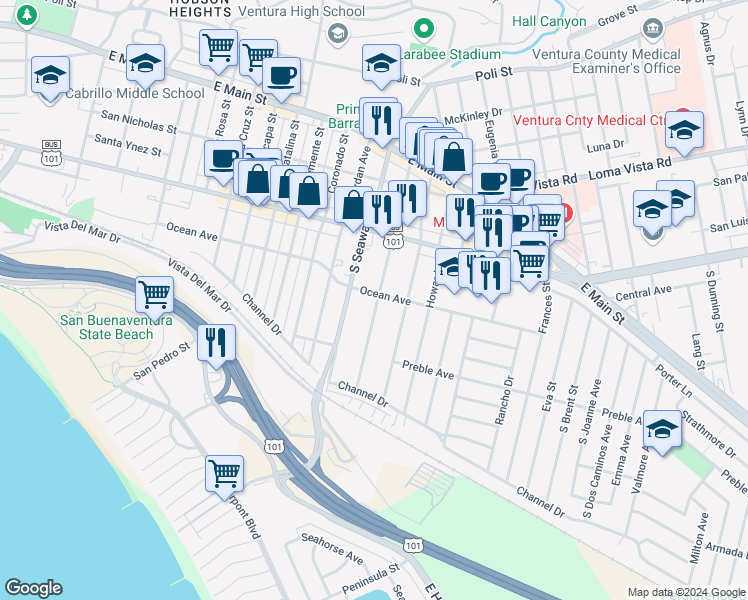 map of restaurants, bars, coffee shops, grocery stores, and more near 405 Arcade Drive in Ventura