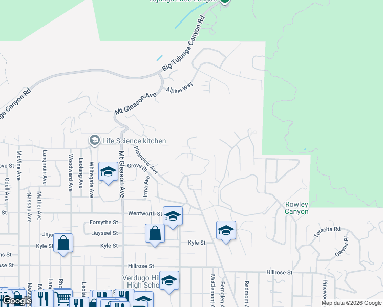 map of restaurants, bars, coffee shops, grocery stores, and more near 12030 Big Tujunga Canyon Road in Los Angeles