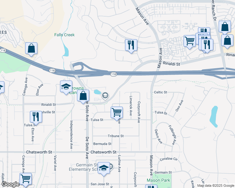 map of restaurants, bars, coffee shops, grocery stores, and more near 11029 Lurline Avenue in Los Angeles