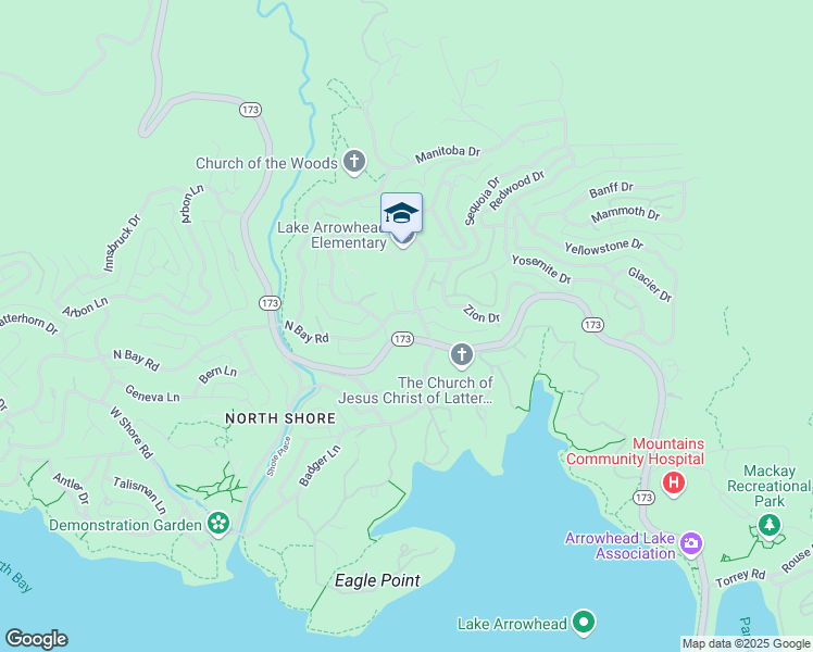 map of restaurants, bars, coffee shops, grocery stores, and more near North Bay Road in Lake Arrowhead