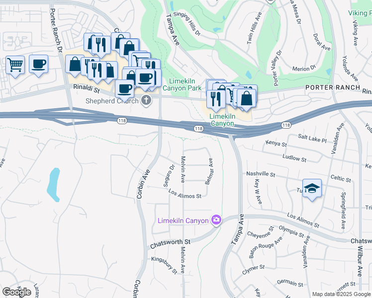map of restaurants, bars, coffee shops, grocery stores, and more near 19517 Celtic Street in Los Angeles