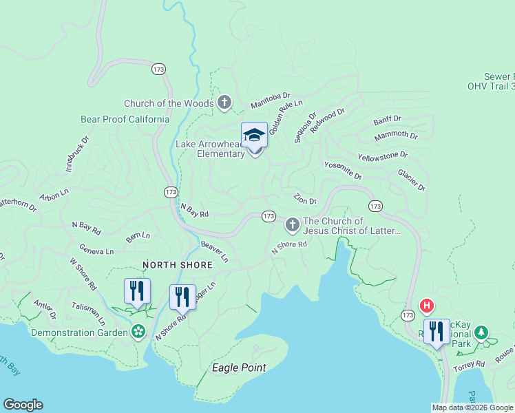 map of restaurants, bars, coffee shops, grocery stores, and more near 1160 Golden Rule Lane in Lake Arrowhead