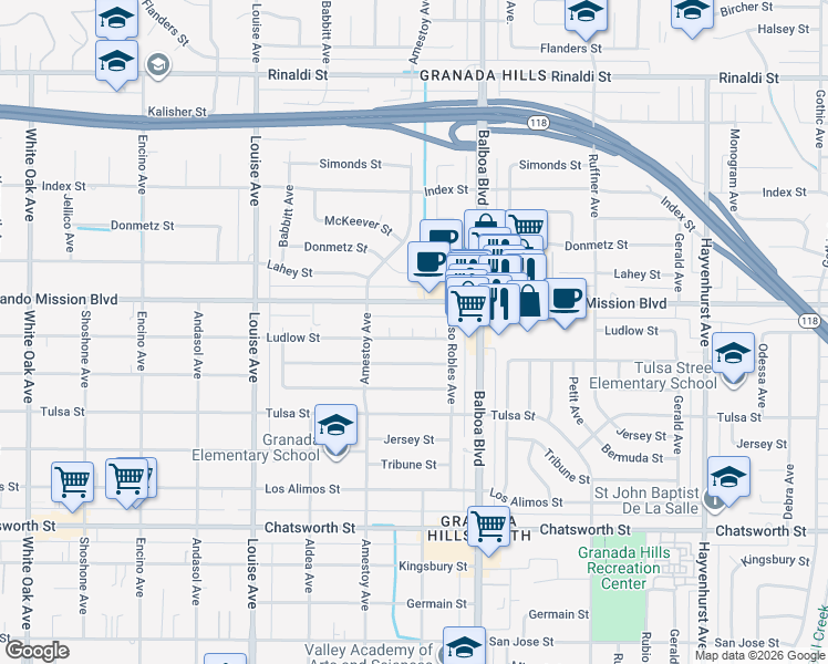 map of restaurants, bars, coffee shops, grocery stores, and more near 17064 Ludlow Street in Los Angeles