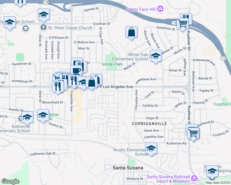 map of restaurants, bars, coffee shops, grocery stores, and more near 1890 Rory Lane in Simi Valley