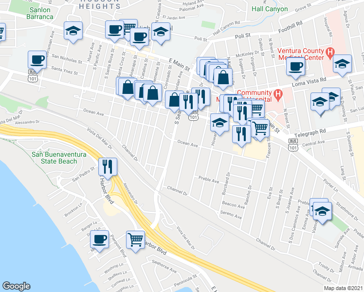 map of restaurants, bars, coffee shops, grocery stores, and more near 461 Arcade Drive in Ventura