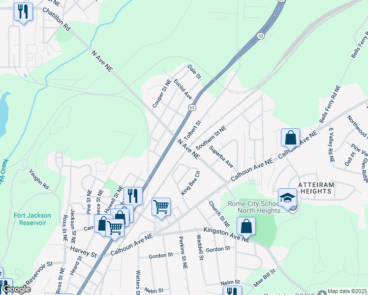 map of restaurants, bars, coffee shops, grocery stores, and more near 304 North Avenue Northeast in Rome