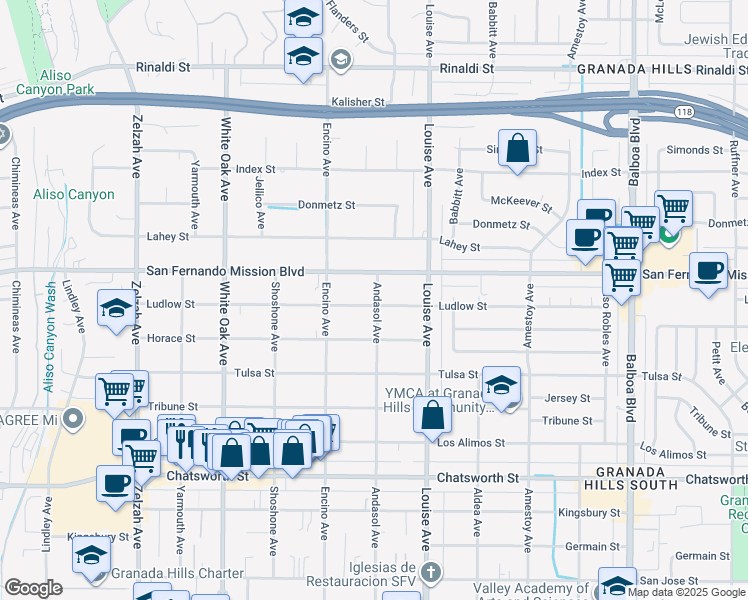 map of restaurants, bars, coffee shops, grocery stores, and more near 17401 Ludlow Street in Los Angeles