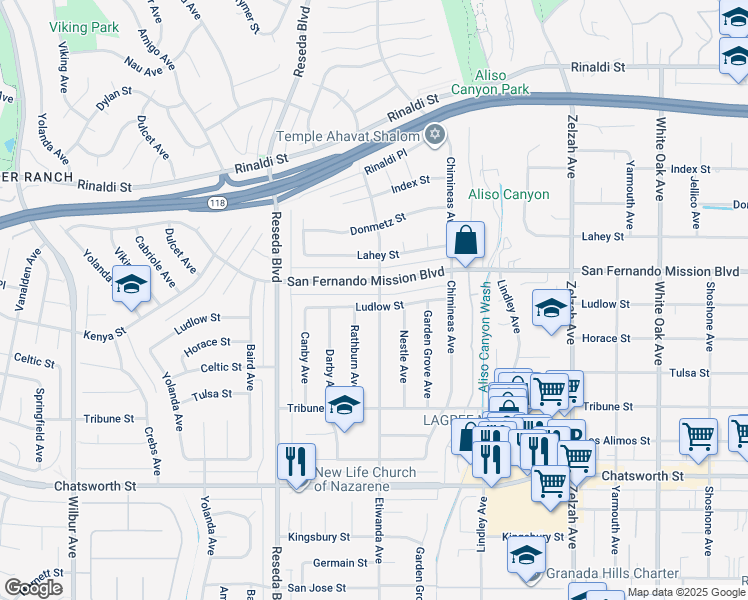 map of restaurants, bars, coffee shops, grocery stores, and more near 18301 Ludlow Street in Los Angeles