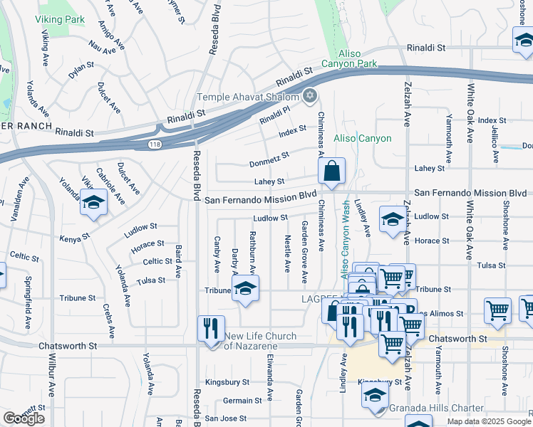 map of restaurants, bars, coffee shops, grocery stores, and more near 18301 Ludlow Street in Los Angeles