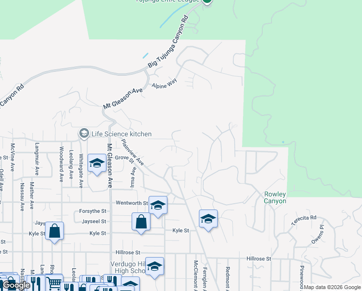 map of restaurants, bars, coffee shops, grocery stores, and more near 11180 Tujunga Canyon Boulevard in Los Angeles