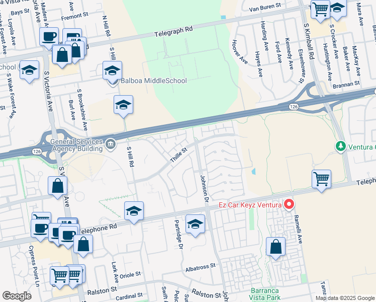 map of restaurants, bars, coffee shops, grocery stores, and more near 6767 Sargent Lane in Ventura