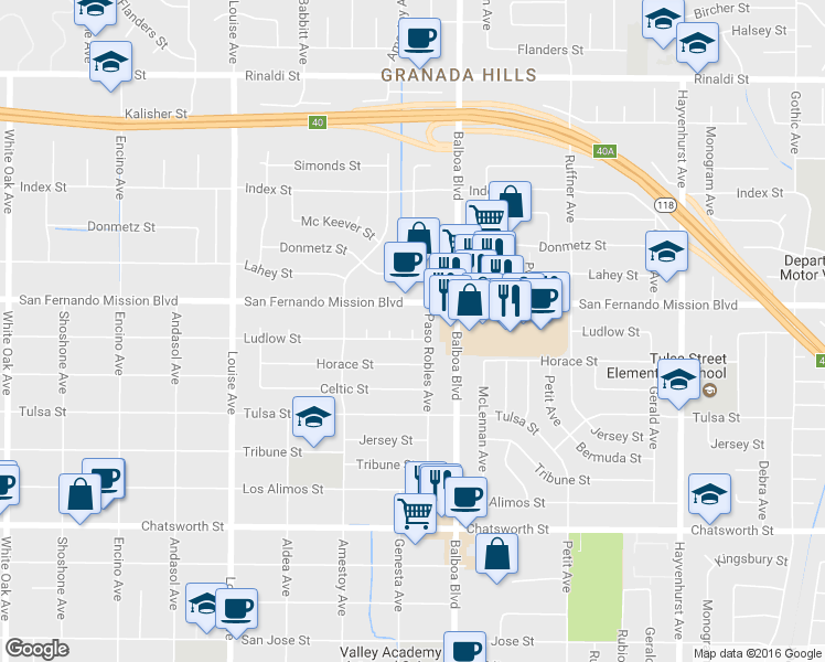 map of restaurants, bars, coffee shops, grocery stores, and more near Pender Ave in Los Angeles