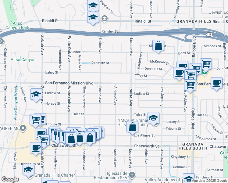 map of restaurants, bars, coffee shops, grocery stores, and more near 17401 Ludlow Street in Los Angeles