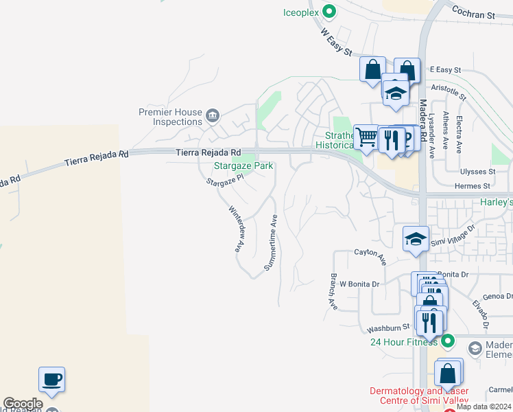 map of restaurants, bars, coffee shops, grocery stores, and more near 279 Cliffwood Drive in Simi Valley