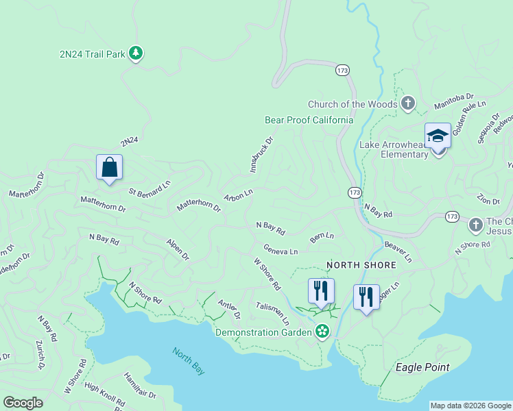 map of restaurants, bars, coffee shops, grocery stores, and more near 1181 Voltaire Drive in Lake Arrowhead