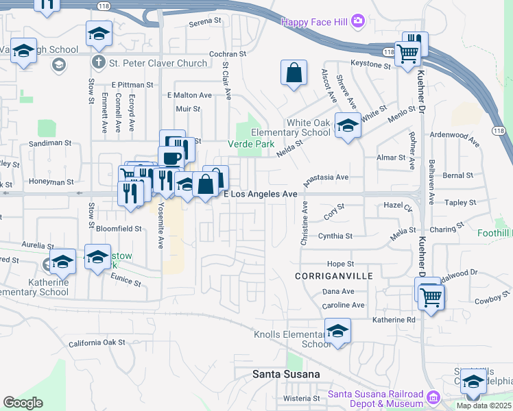 map of restaurants, bars, coffee shops, grocery stores, and more near 1948 Rory Lane in Simi Valley