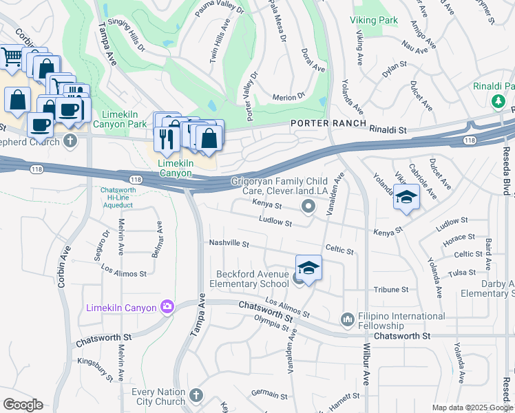 map of restaurants, bars, coffee shops, grocery stores, and more near 19216 Kenya Street in Los Angeles