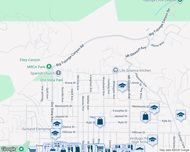 map of restaurants, bars, coffee shops, grocery stores, and more near 8042 Ellenbogen Street in Los Angeles