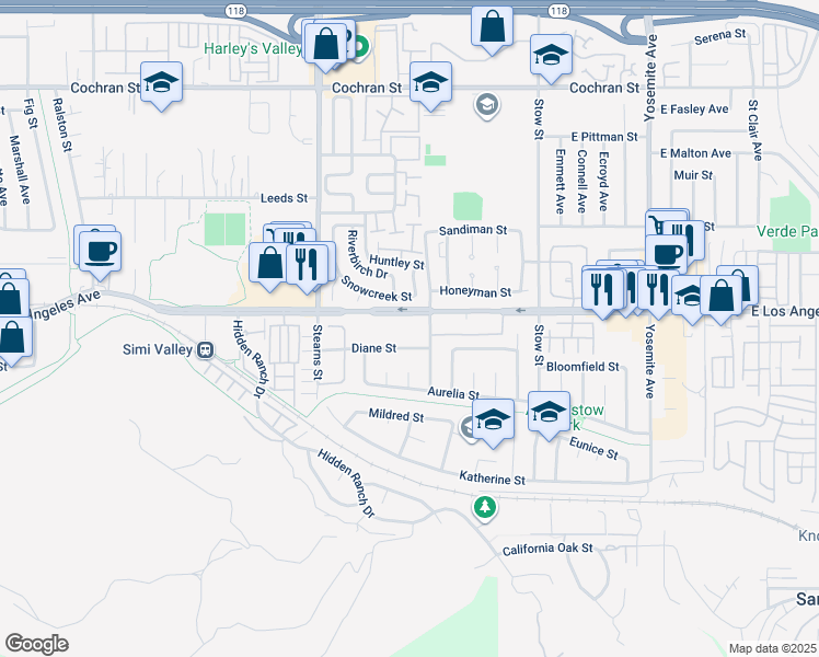 map of restaurants, bars, coffee shops, grocery stores, and more near 5300 East Los Angeles Avenue in Simi Valley